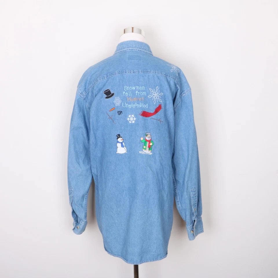 Basic Editions Blue Denim Snowman Button Down Casual Shirt Women's M Long Sleeve - Image 4 of 4