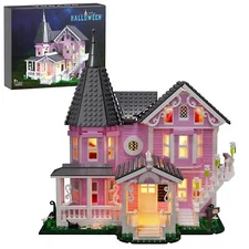 Pink Palace House Building Set with Lights Halloween Haunted House Blocks Toy...
