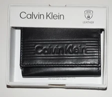 Calvin Klein Mens Leather TriFold Wallet RFID Black Large Logo & Valet NIB