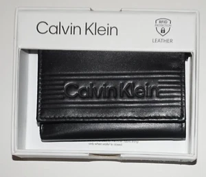 Calvin Klein Mens Leather TriFold Wallet RFID Black Large Logo & Valet NIB