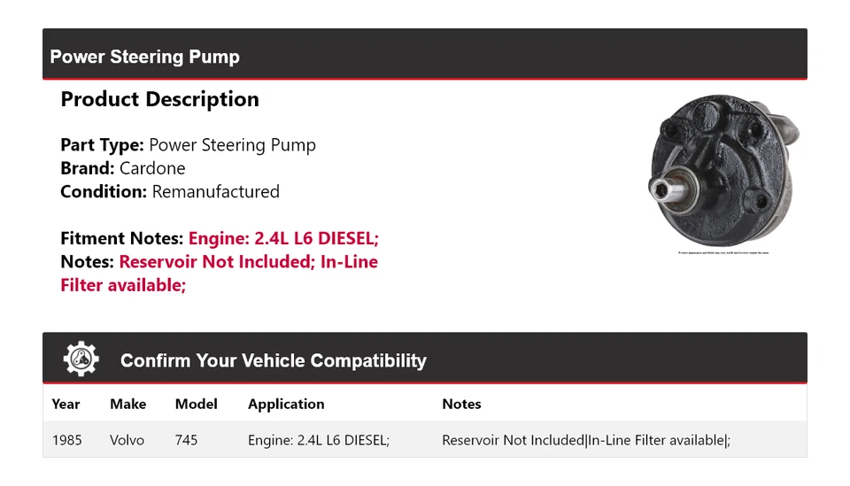 Bomba de dirección asistida diésel Cardone para Volvo 745 1985 2,4 L L6 Foto 2 de 4