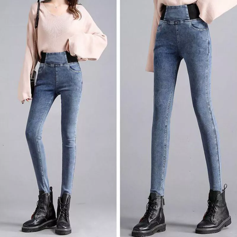 Women Warm Fleece Lined Jeans Stretch Leggings High Waist Denim Pants Trousers