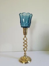 Brass Open Barley Twist Candle Stick Holder Votive Cup Teal Glass Tulip 10½"