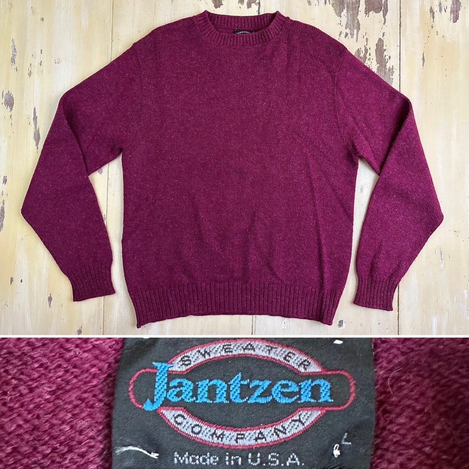 JANTZEN - Vtg Magenta Wine Crewneck Wool Sweater, Mens LARGE