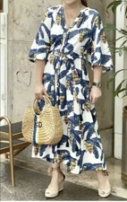 H&M x Desmond & Dempsey Banana Leaf Print Dress linen blend women’s XXL Boho