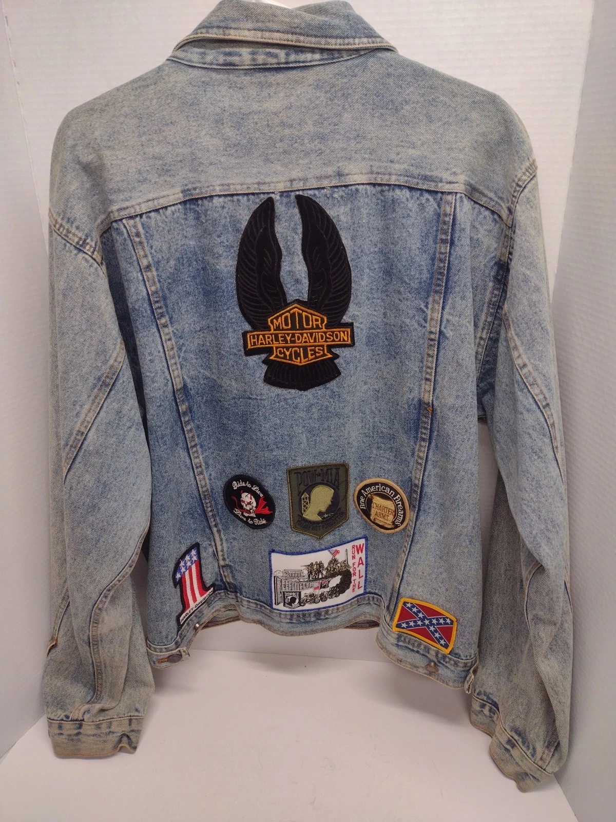 Vtg Generation Blues Denim Truckers Jacket Mens XL Patches Pow Harley...