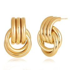 Chunky Gold Plated Earrings Big Knot Earring for Women Golden Drop Dangle Statem