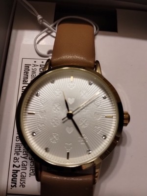 Time & Tru Ladies 34mm Gold Tone Etched Dial with Crystals Brown Strap Watch