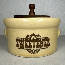 Vintage Pfaltzgraff Village (made in USA) Sweetener Crock Wooden Lid Stoneware