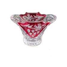 Vintage Red And Clear Glass or CRYSTAL VASE Cut Basket Shape with Flower Decor