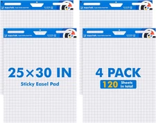 Grid Sticky Easel Pad 25"X30", Large Flip Chart Paper with 4 Packs of 30 Sheets/