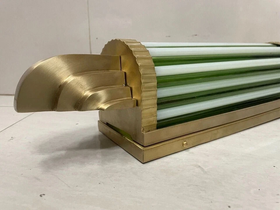 Art Deco Skyscraper Wall Sconces Antique Brass & Green Milk Glass Light 1 Piece - Image 4 of 4