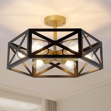 6-Light Semi Flush Mount Ceiling Light Fixture, 19.7" Gold Black Hallway Ligh...