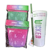 Wicked x Dunkin Tumbler W/ Pink and Green Sleeves. Brand New Limited Edition