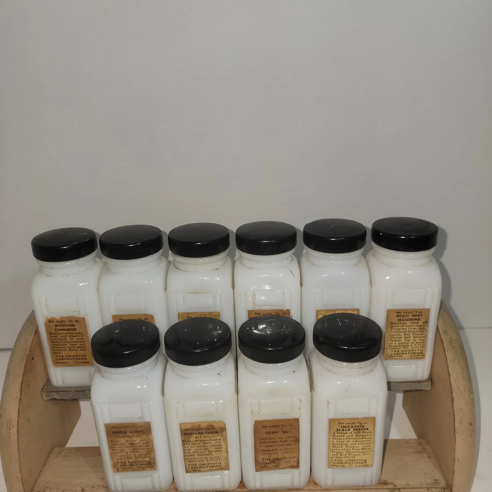 Vintage Griffith Milk Glass Spice Jar Set w/ Wood Rack Art Deco Black Lids 10 Pc