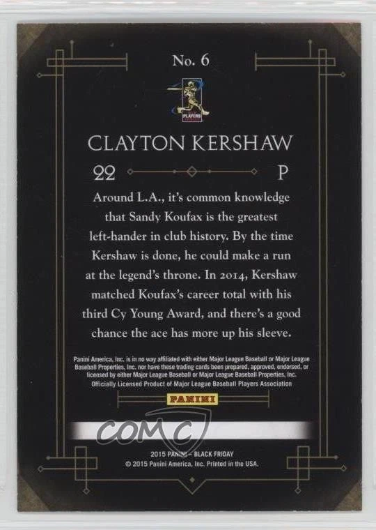 2015 Panini Black Friday Panini Collection Clayton Kershaw #6 - Image 2 of 2