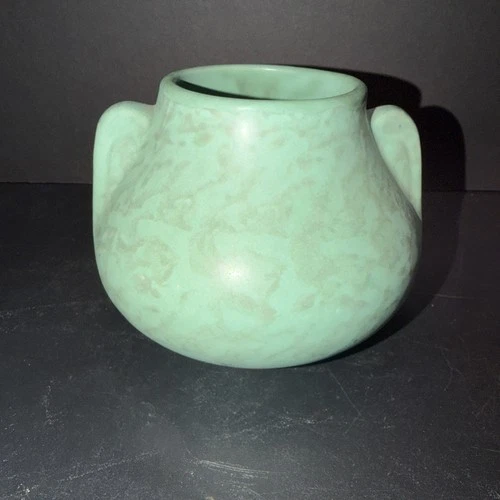 Vintage 1930s BRUSH MCCOY Vase Vellum Fawn Mottled GREEN Antique Vase Handles 6”