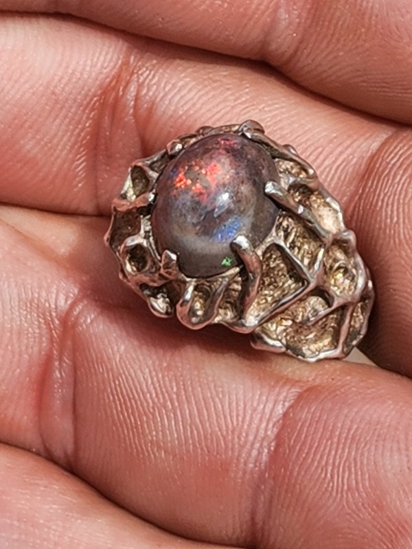 Brutalist Ring Natural Ethiopian Chocolate Opal Vtg Hand Wrought Sterling Silver