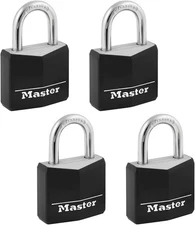 Master Lock 131D 1-3/16in Covered Aluminum Padlock with Key, Black, 1/2/4 Pack