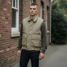 Vintage 70s Woolrich Zip Up Vest Mens Medium Neutral Beige Tan Collared Winter