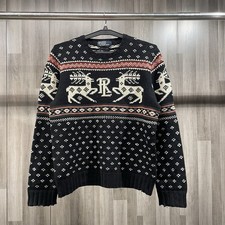 Vintage Polo Ralph Lauren RL Reindeer Fair Isle Wool Nordic Sweater Navy XL
