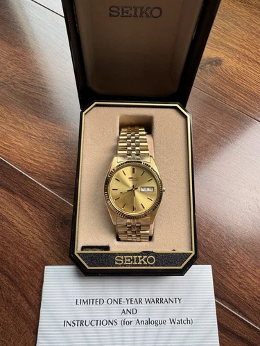 Seiko SGF206 Quartz Gold Sunburst Day Date 36mm Jubilee Men Dress Watch MINT!!