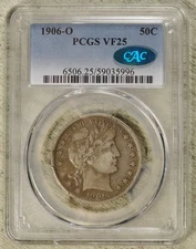 1906-O Barber Half Dollar, Very Fine+ PCGS/CAC VF-25, Tough CAC