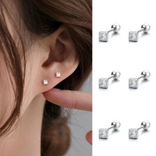 Womens Silver Tiny Square CZ Crystal Stud Earrings Surgical Steel Screw Back