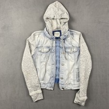 MUDD Denim Sweater Jacket Medium Blue Gray Long Sleeves Hoodie Button Up Cotton