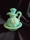 Vintage  Avon Victorian Style Pitcher and Bowl Blue Green Milk Glass  w box Full