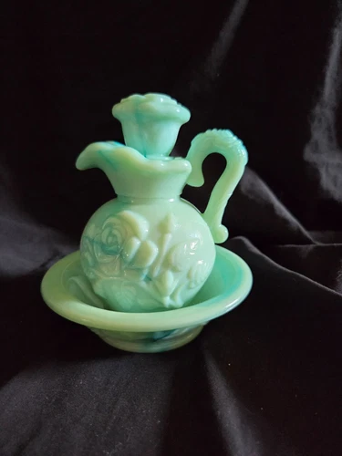 Vintage  Avon Victorian Style Pitcher and Bowl Blue Green Milk Glass  w box Full