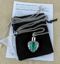 Cremation Ashes Urn Silver Heart Green Stone Necklace Jewelry fill kit
