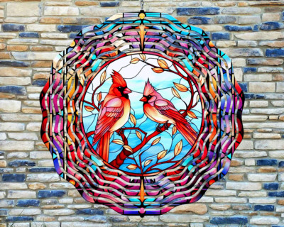 10'' Colorful Cardinal Birds Stained Glass Wind Spinner Yard 3D Aluminum rws-190