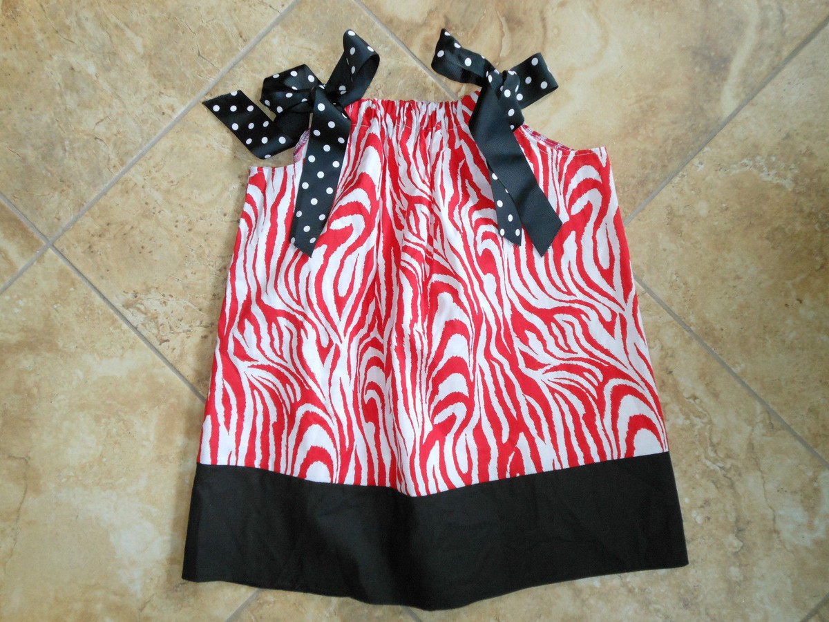 red and white zebra dress Girl's Red & White Zebra Print w/Black Trim Sack Dress Handmade Size 3/4/5