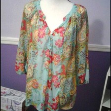 Fig and Flower Colorful Aqua Mixed Floral Semi Sheer Peasant Boho Top M