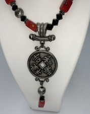 Chico’s Red Beaded Pendant Necklace Silver Tone Boho Statement