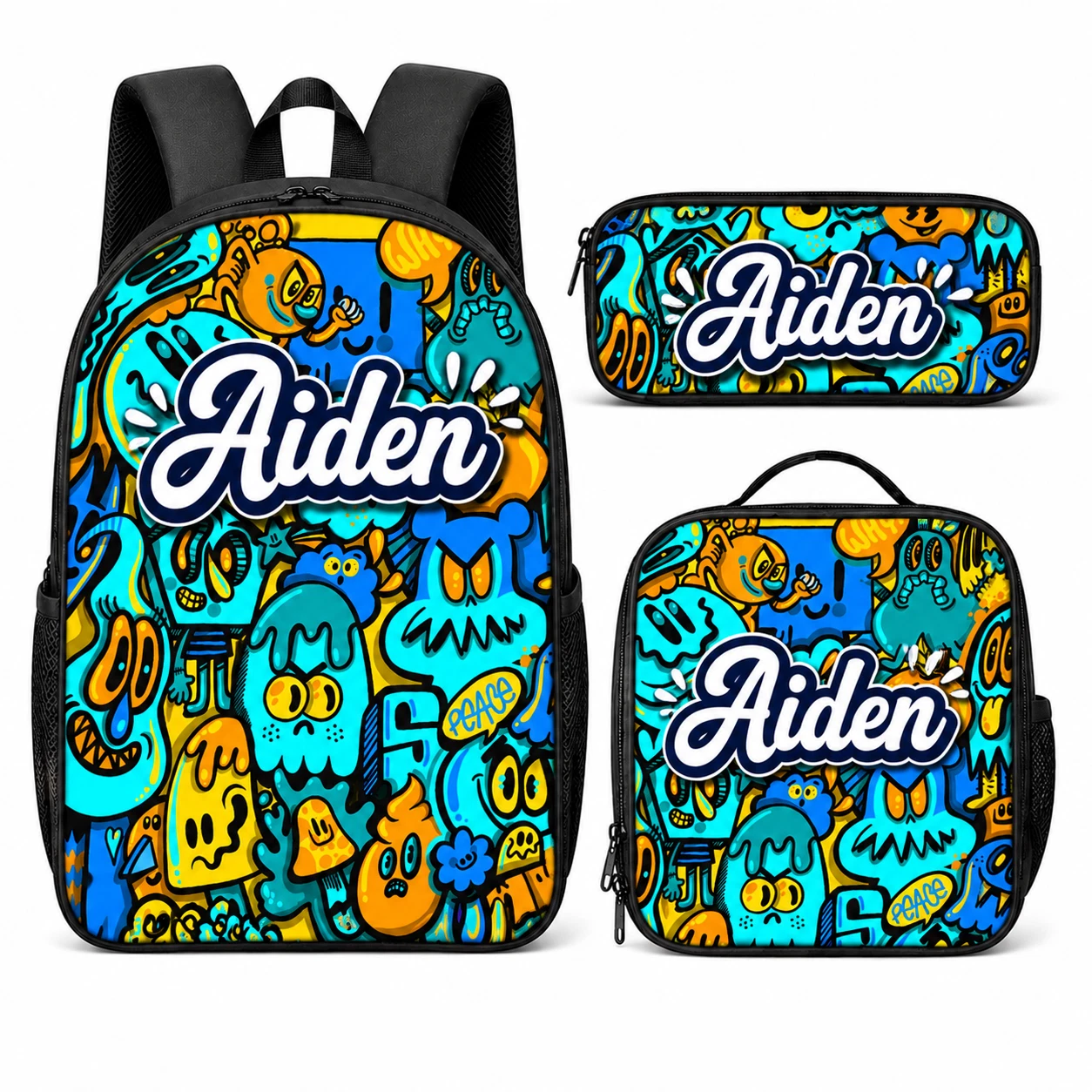 Personalized Graffiti Doodle Backpack Set Lunch Bag Pencil Case for Kids