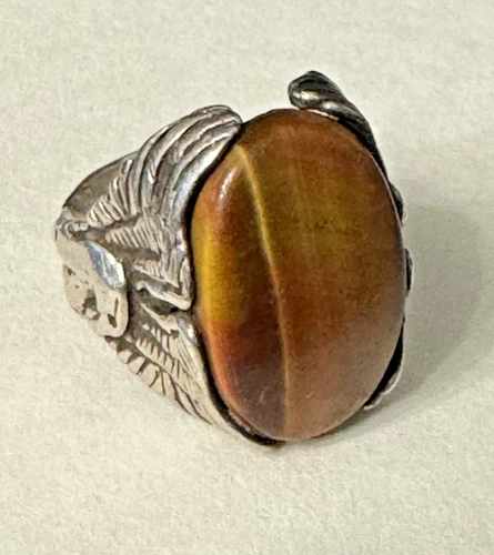 Vintage Silver Southwestern Biker Tiger’s Eye Ring w/ Eagles sz 10.75
