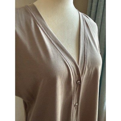 Moa Moa Taupe Button Down V-Neck Blouse Size M Minimalist Capsule Lightweight