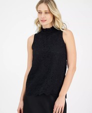Anne Klein Women's Bow-Back Ruffled-Neck Sleeveless Lace Blouse-Black-M