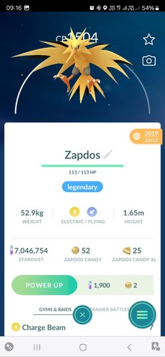 Zapdos ( Caught In 2019 ) Pokemon Tr@de Go