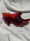 VINTAGE FENTON ART GLASS RUBY RED HOBNAIL CAT HEAD SLIPPER SHOE