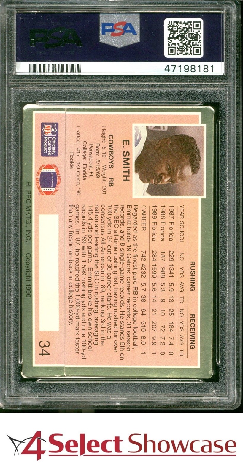 1990 ACTION PACKED ROOKIE UPDATE #34 EMMITT SMITH RC HOF PSA 10 view 2