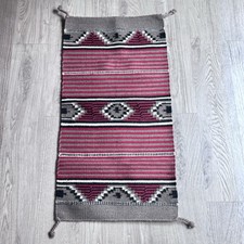 VTG Navajo Handwoven Wool Rug 40x20" Geometric Southwestern Aztec Tapestry Red  