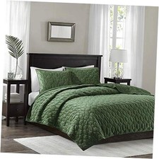 Harper Quilt Set Velvet Casual Geometric Stitching Full/Queen 90"x90" Green