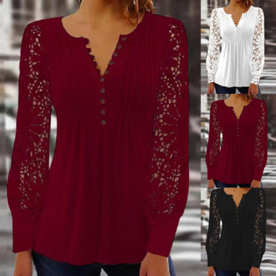 Women's Lace V-Neck T Shirt Loose Casual Blouse Long Sleeve