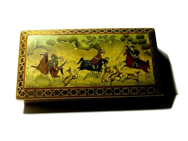 Middle Eastern Storage Box Hand Painted Gold Paint Detail Asian 9" x 4.