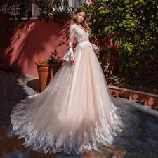 Pink Shiny Princess Ball Gown Wedding Dress Long Sleeve Appliques Bridal Gown