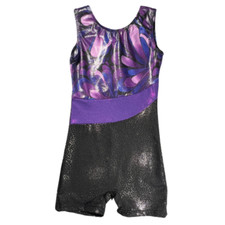 Girls' Shimmery Black Gymnastics Leotard with Purple Designs
