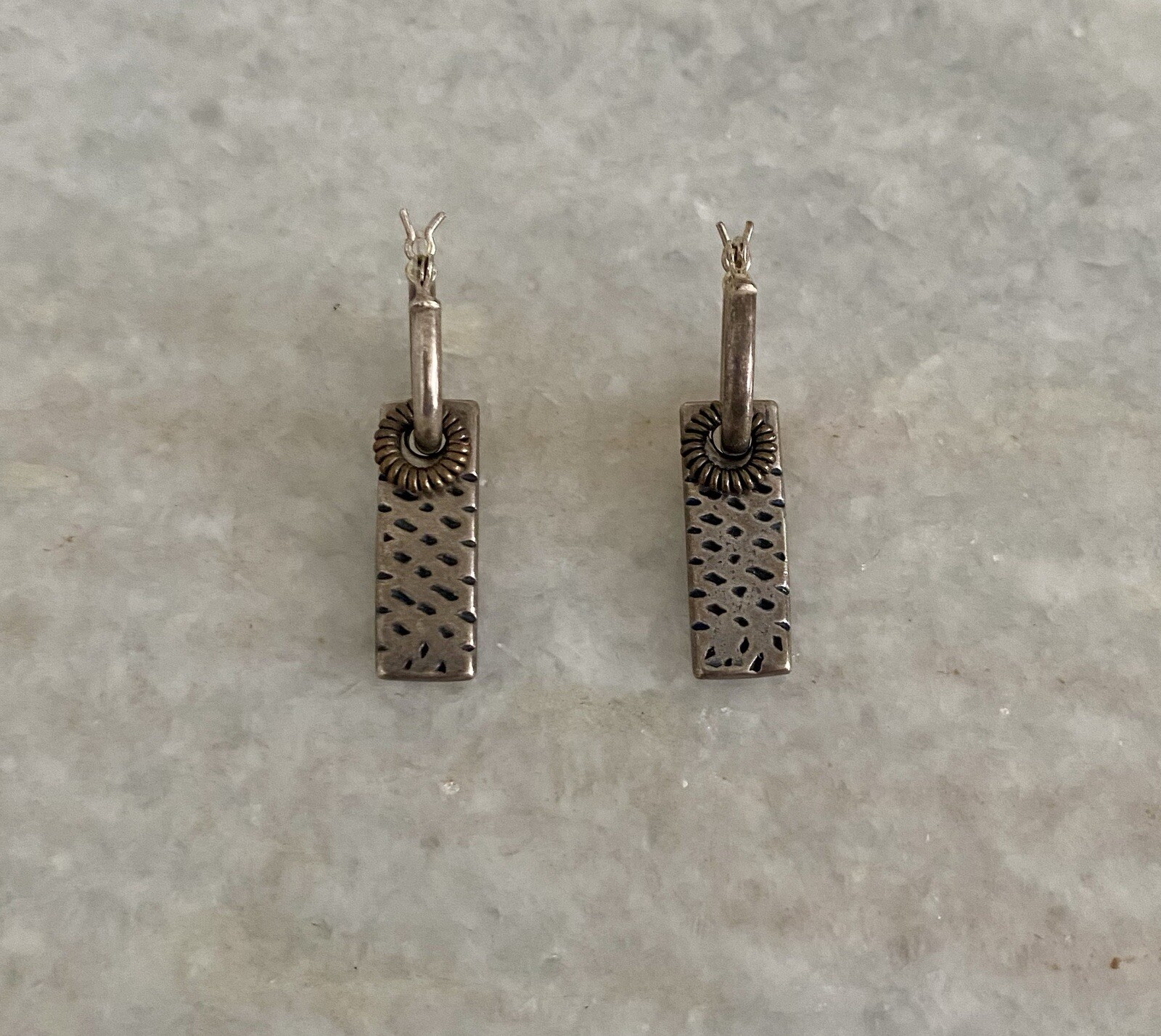 Sterling Silver 925 Hoops Rectangular Dangling Ba… - image 1